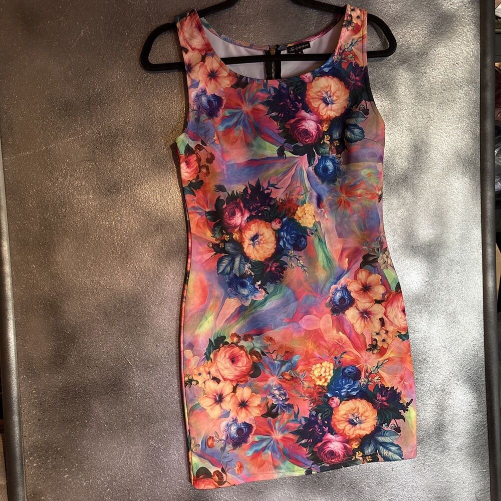 Shine Star Pink Floral Bodycon Dress M Dopamine Dressing Whimsical Psychedelic